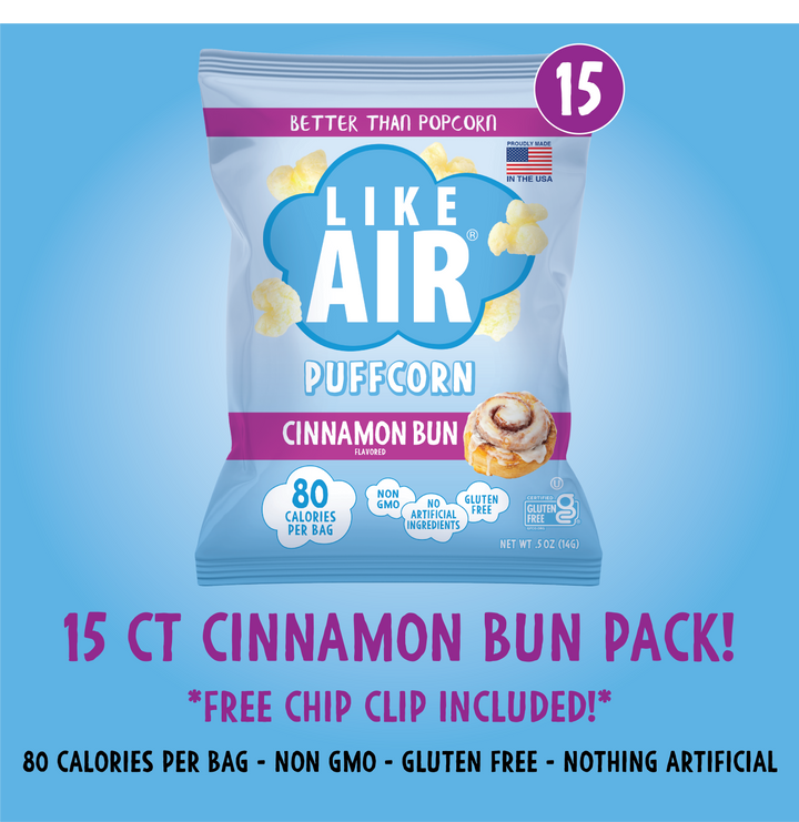 Cinnamon Bun Puffcorn Single Serve  - 15 bags - Like Air Puffcorn