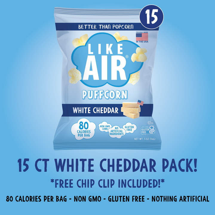 White Cheddar Puffcorn Single Serve  - 15 bags - Like Air Puffcorn